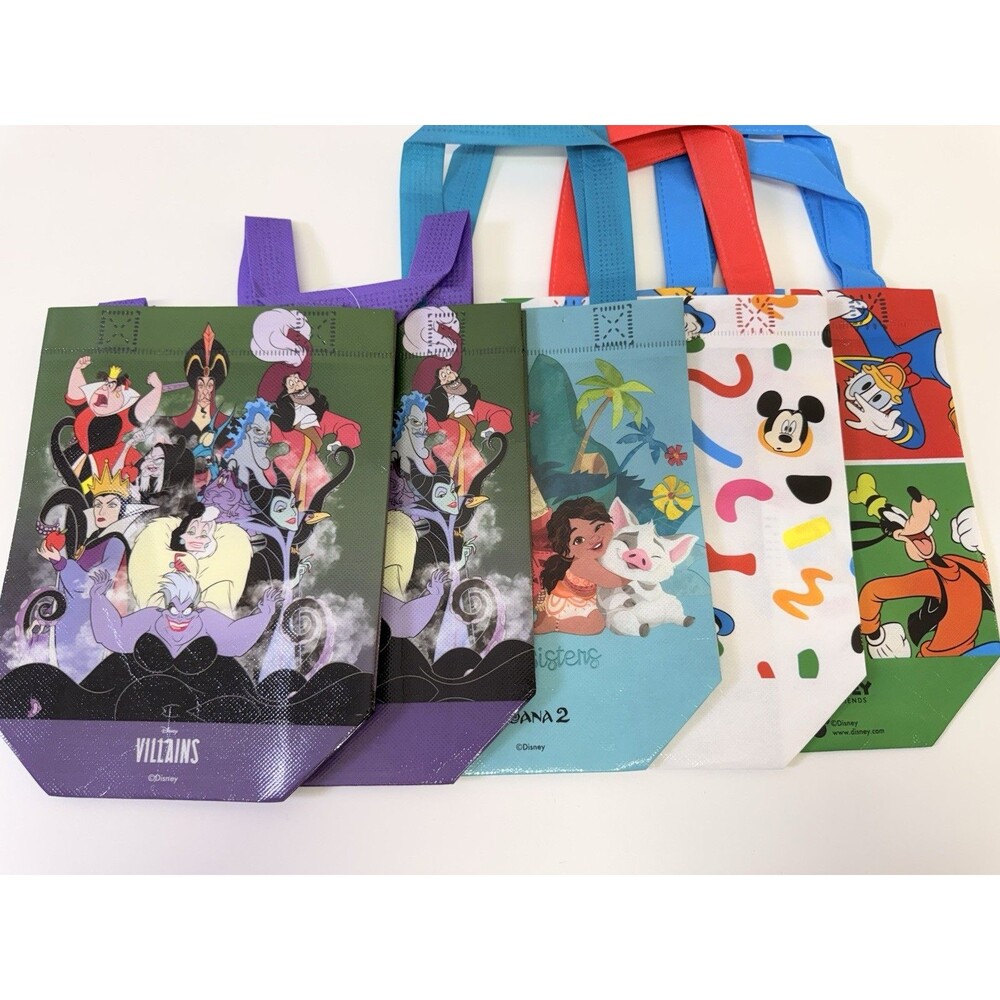 Disney Lot of 5 Small Reusable Tote Shopping Bags 2 Villains, Moana, & 2 Mickey